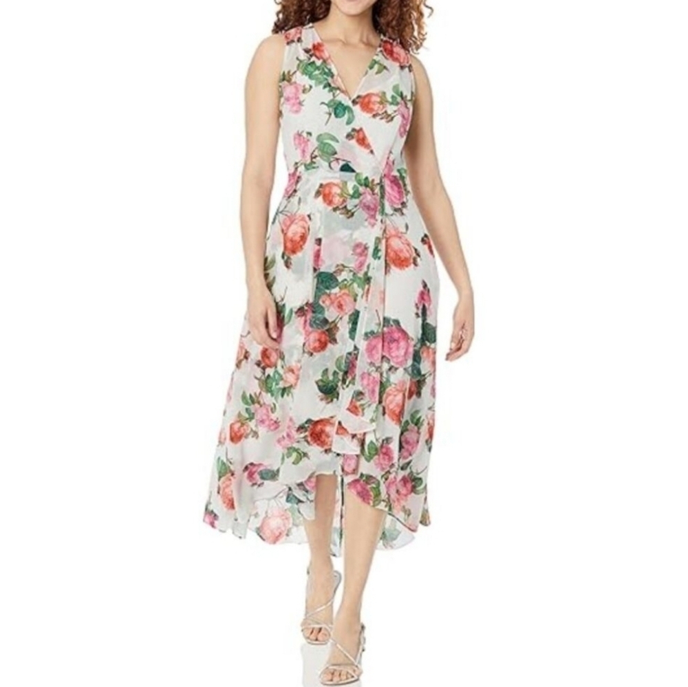 Calvin Klein Chiffon Floral Rose Print Sleeveless Flowy Wrap Skirt Midi Dress